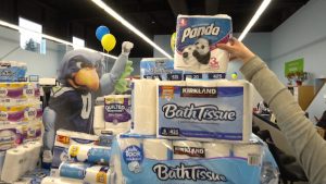 Toilet Paper Drive Donations Surrounded by Seahawk Mascot