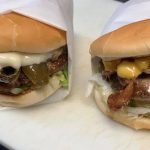 drive in Cascade Burgers Jalapeno mushroom burger on left and bacon cheese on the right