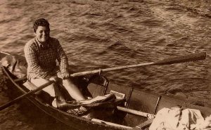 Betty Lowman in her canoe she rowed all the way to Alaska.