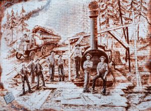 A Sedro-Woolley Mural by Frederick Sutliffe depicting the railroad coming into town.