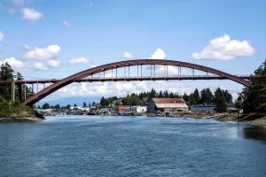 A view of the iconic Rainbow Bridge from La Conner, Washington