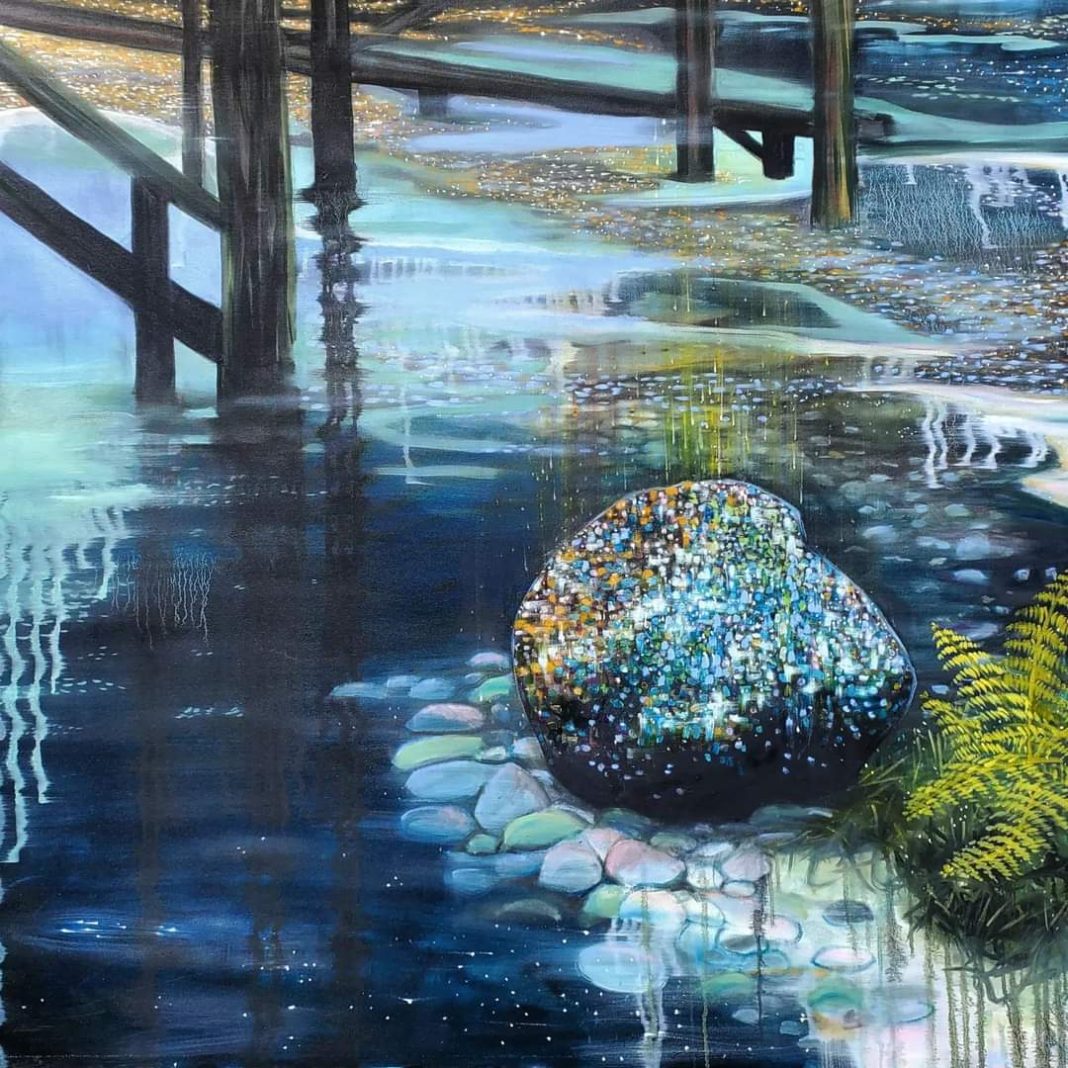 oil on canvas painting of some rocks in water by bridge