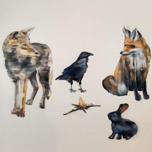 painting of two foxes, a raven and a bunny on a beige background
