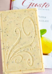 Popular White Chocolate Gusto bar with lemon and black pepper at Forte Chocolates in Mount Vernon.