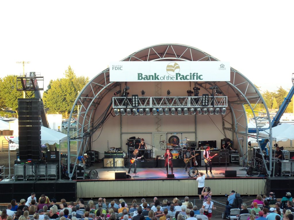Heart playing on an outdoor stage with the words 'Bank of the Pacific' above it