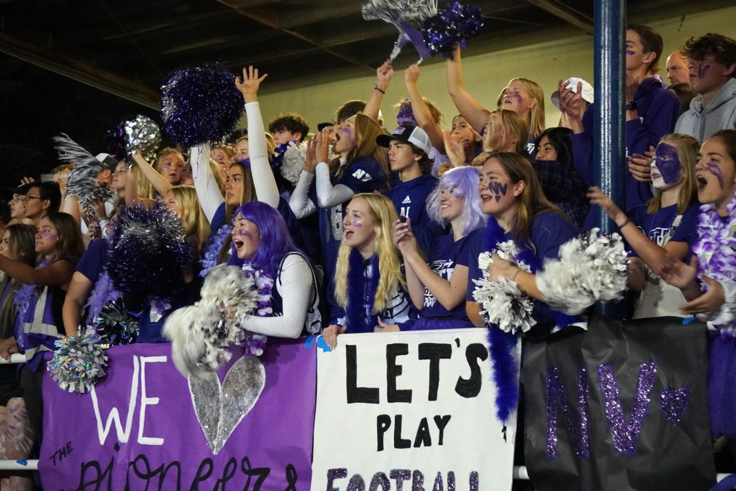a crowd of people in purple and white with pom poms, face painting and signs, cheering.