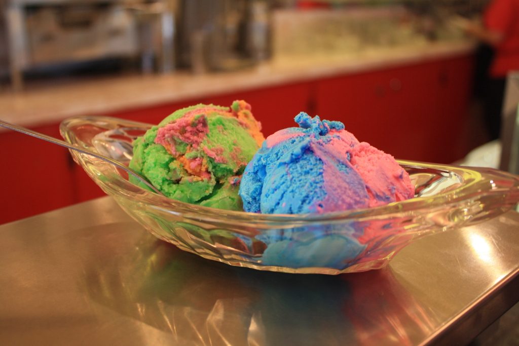 rainbow-colored sherbert in a glass bowl