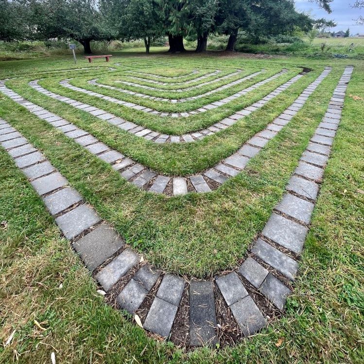 stone pathway in a spiral pattern surrounded by grass