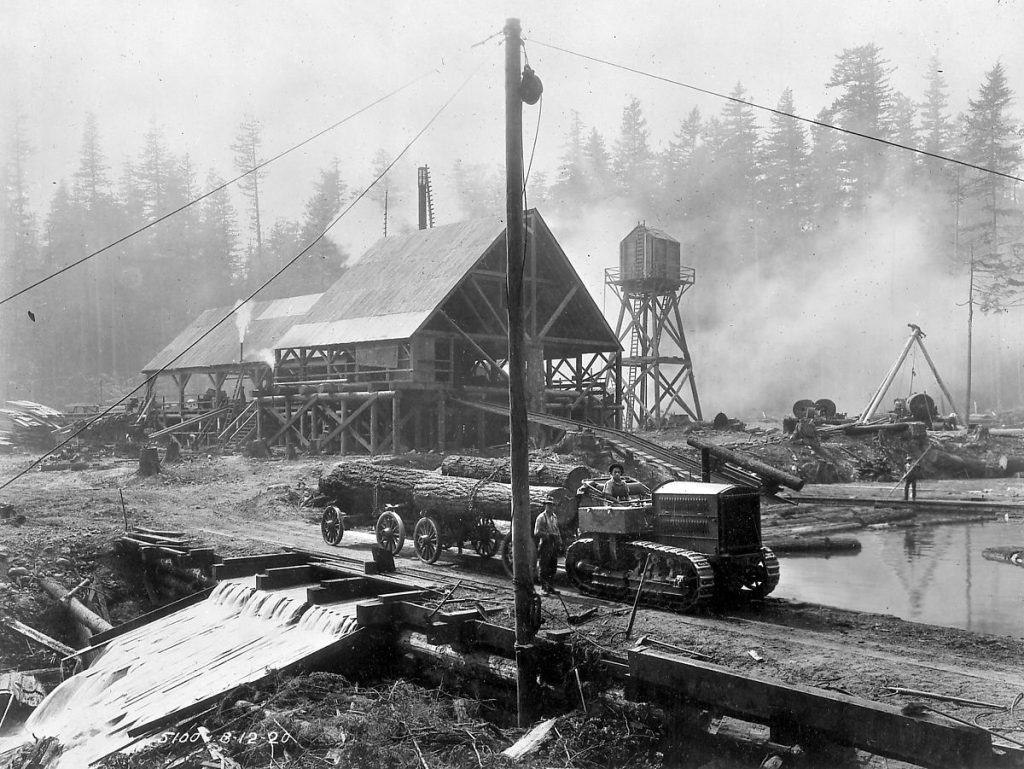black and white photo of a logging mill