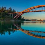 Panoramic landscape of Rainbow Bridge and mirror reflections on