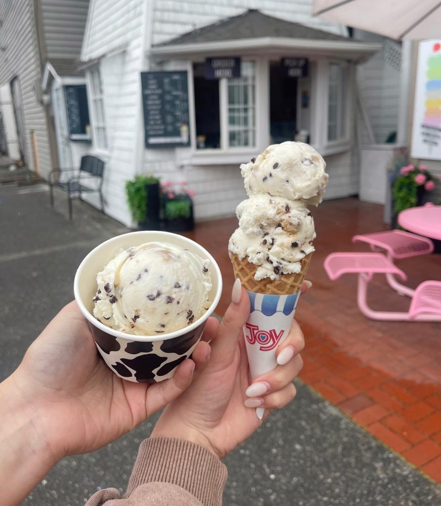 one scoop of ice cream in a dish being held up by a hand and two scoops in a sugar cone