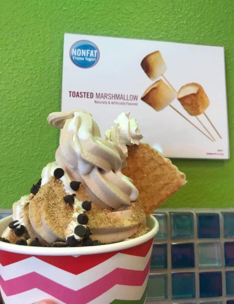 a bowl of frozen yogurt with many toppings including chocolate chips and graham crackers. in the background is a sign that says "none fat frozen yogurt, toasted marshmallow, naturally and artificially flavored" with three burned marshmallows on sticks