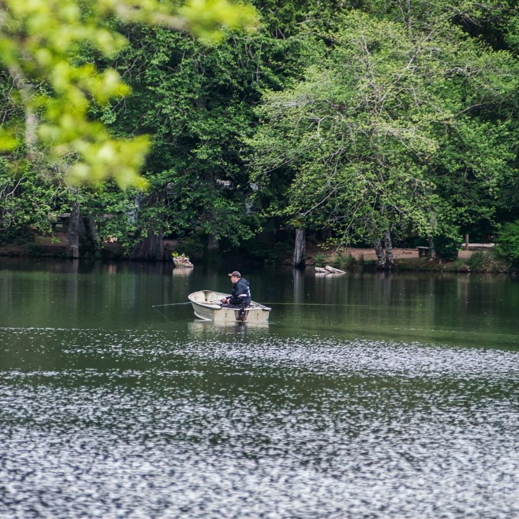 a man fishes in a small boat on Lake Sylvia, trees cover the bank on the other side