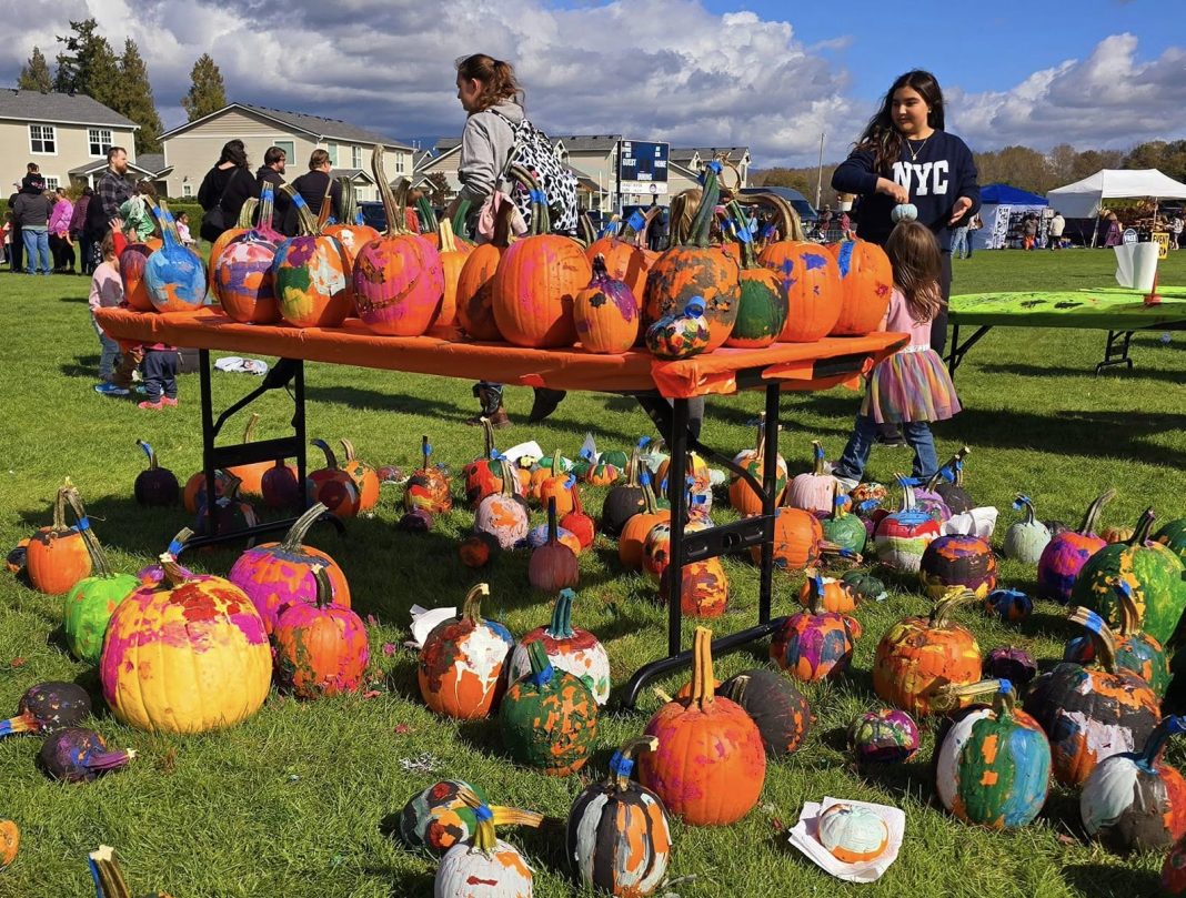 a bunch of pumpkins in a variety or hues of orange, white and green and painted in lots of colors, sit on long tables in a field and on the ground